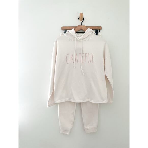 NWT Rae Dunn Grateful Lounge Set Small Ivory White Hoodie Sweatpants Casual - Picture 1 of 9